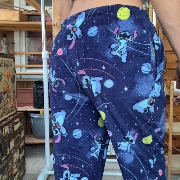 Disney Lilo & Stitch Galaxy Fleece Pajama Pants Navy Blue Star Print Lounge S - Picture 5 of 6